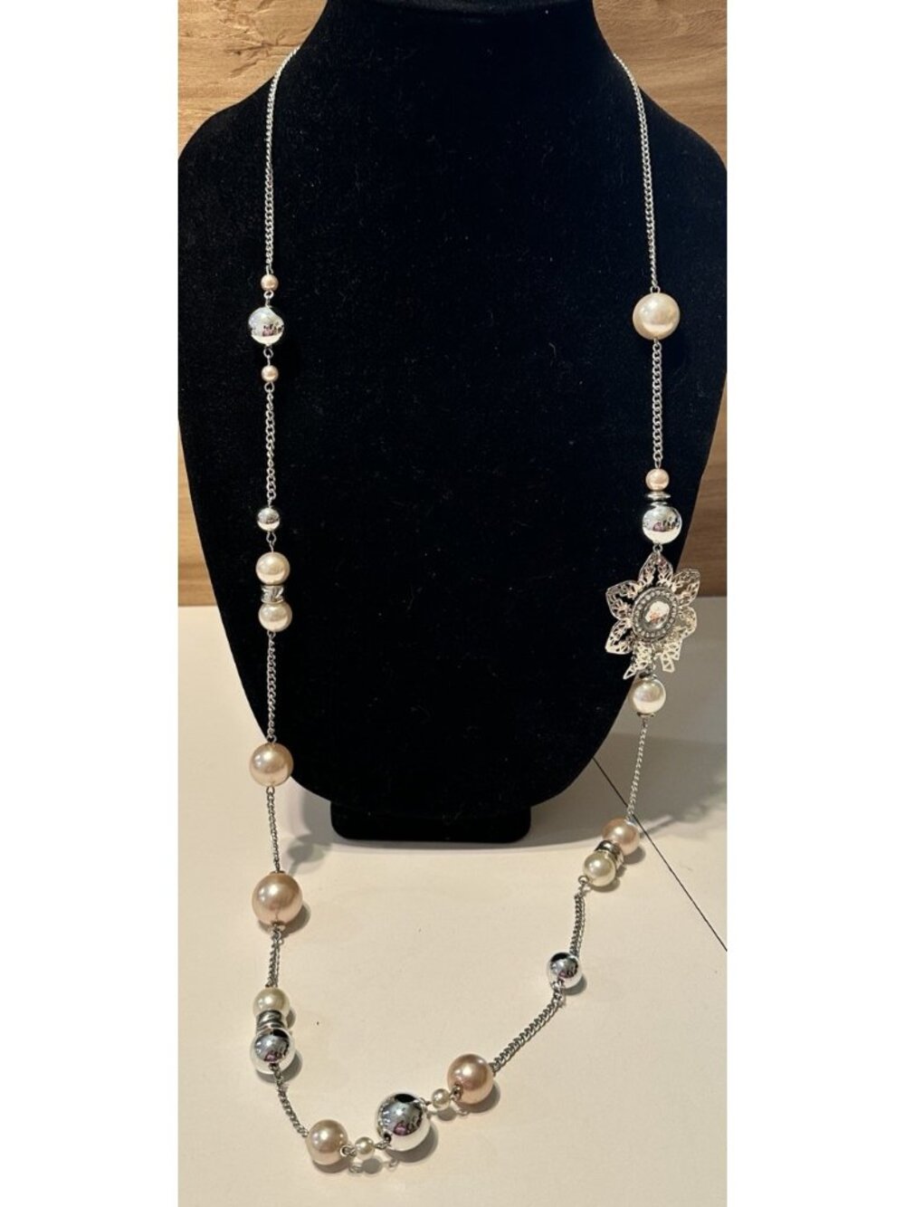 40” Long Silver Tone Faux Pearl Beaded Rhinestone Bow Layering Necklace
